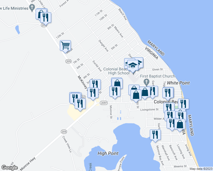 map of restaurants, bars, coffee shops, grocery stores, and more near 305 1st Street in Colonial Beach