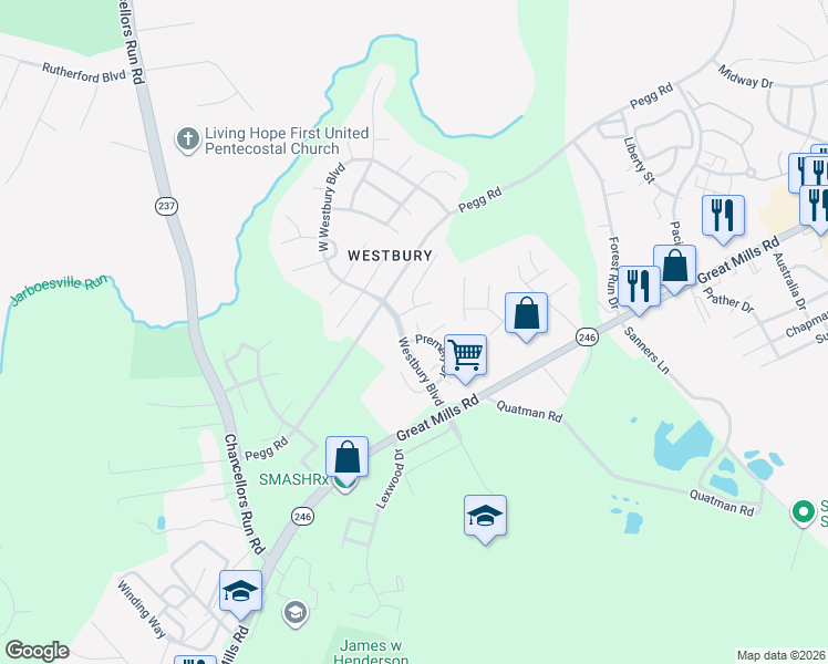 map of restaurants, bars, coffee shops, grocery stores, and more near 21443 Rodine Way in Lexington Park