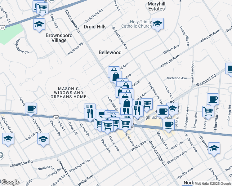 map of restaurants, bars, coffee shops, grocery stores, and more near 3827 Massie Avenue in Louisville