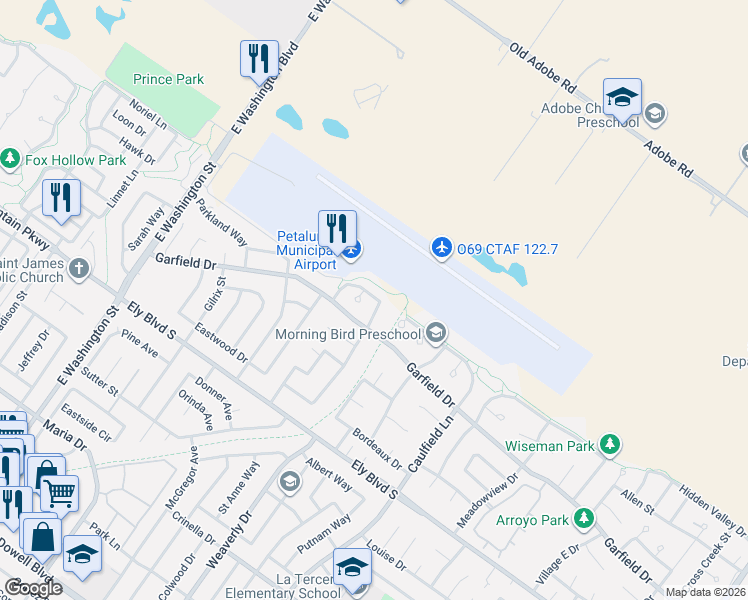 map of restaurants, bars, coffee shops, grocery stores, and more near 2107 Appaloosa Circle in Petaluma