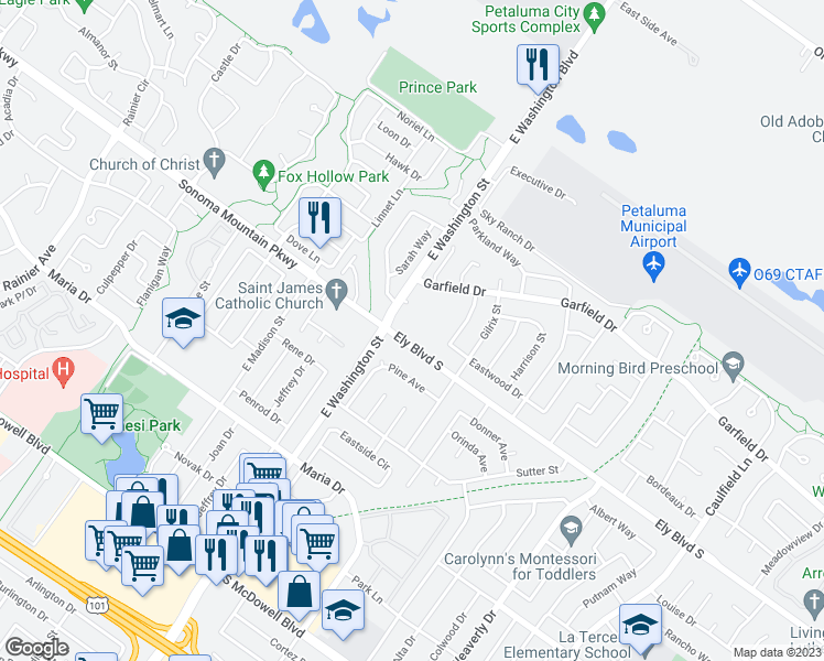 map of restaurants, bars, coffee shops, grocery stores, and more near 301 Ely Boulevard South in Petaluma