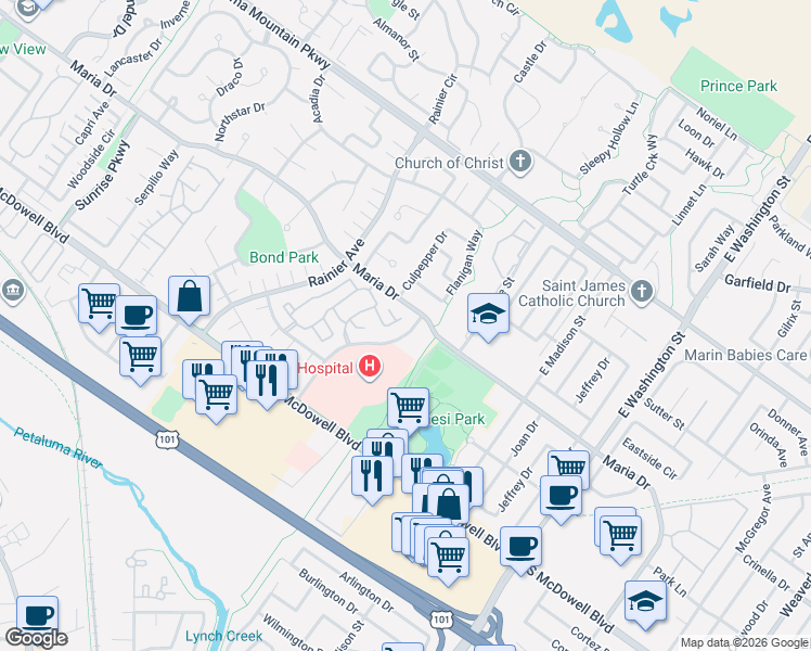 map of restaurants, bars, coffee shops, grocery stores, and more near 224 Park Place Drive in Petaluma