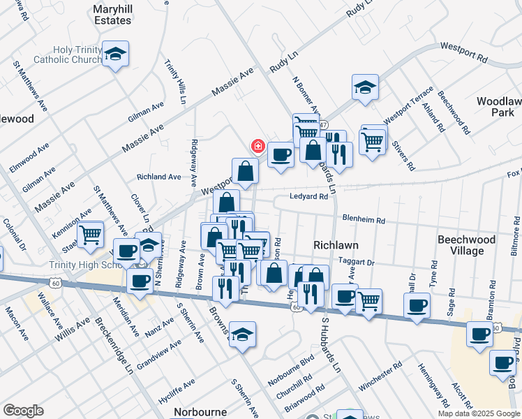 map of restaurants, bars, coffee shops, grocery stores, and more near 165 Thierman Lane in Saint Matthews