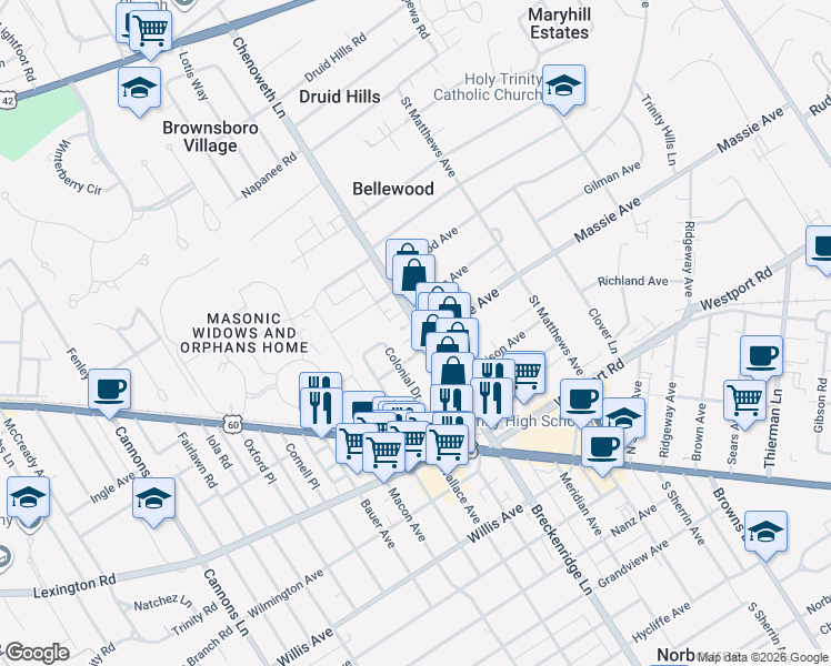 map of restaurants, bars, coffee shops, grocery stores, and more near 3827 Massie Avenue in Louisville