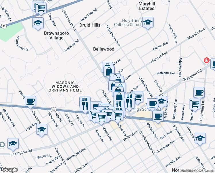 map of restaurants, bars, coffee shops, grocery stores, and more near 3827 Massie Avenue in Louisville