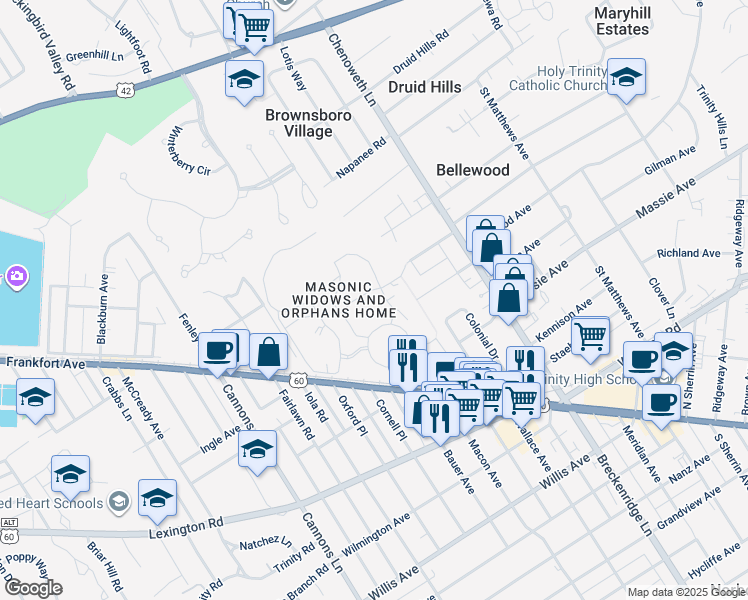 map of restaurants, bars, coffee shops, grocery stores, and more near 180 Masonic Home Drive in Louisville