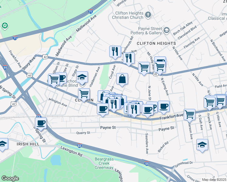map of restaurants, bars, coffee shops, grocery stores, and more near 141 North Bellaire Avenue in Louisville