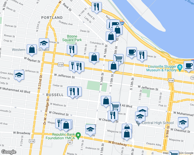 map of restaurants, bars, coffee shops, grocery stores, and more near 1625 West Jefferson Street in Louisville