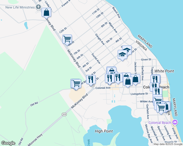 map of restaurants, bars, coffee shops, grocery stores, and more near 325 2nd Street in Colonial Beach
