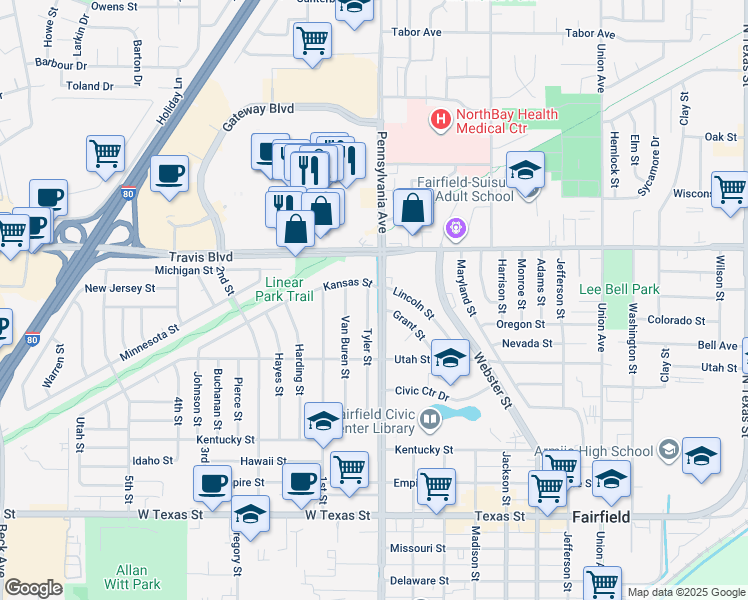 map of restaurants, bars, coffee shops, grocery stores, and more near 1230 Tyler Street in Fairfield