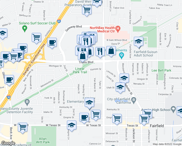 map of restaurants, bars, coffee shops, grocery stores, and more near 1178 1st Street in Fairfield