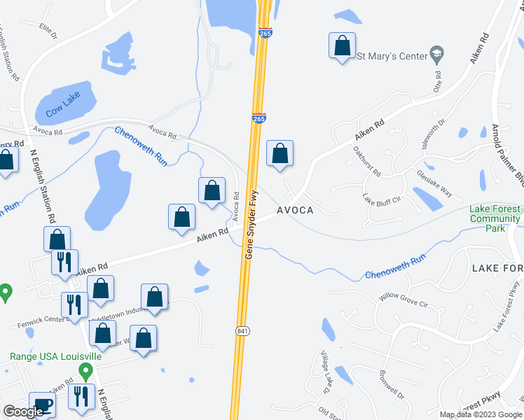 map of restaurants, bars, coffee shops, grocery stores, and more near 13411 Aiken Road in Louisville