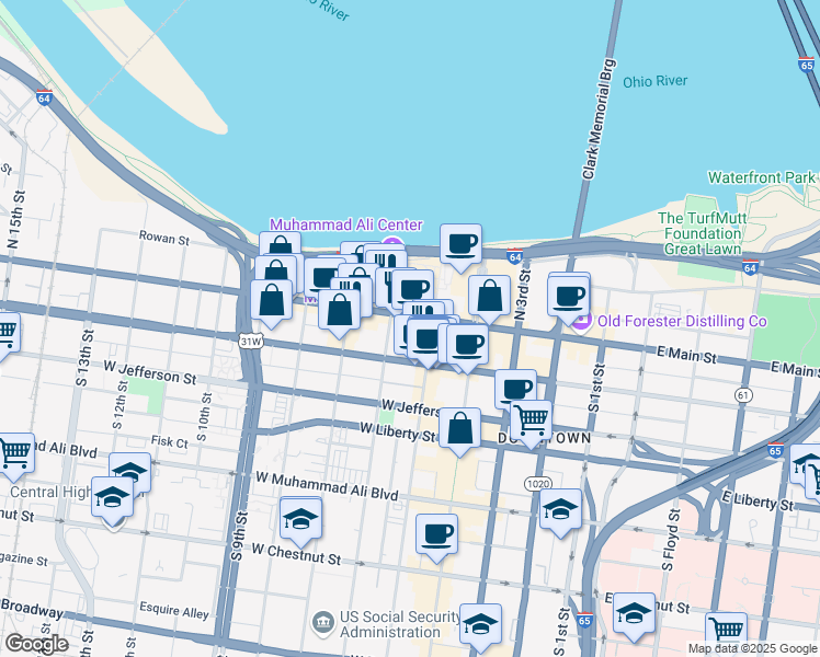 map of restaurants, bars, coffee shops, grocery stores, and more near 520 West Main Street in Louisville