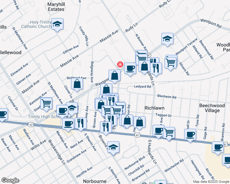 map of restaurants, bars, coffee shops, grocery stores, and more near 180 Sears Avenue in Louisville