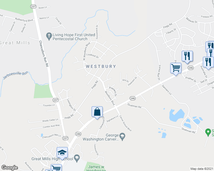 map of restaurants, bars, coffee shops, grocery stores, and more near 21445 Rodine Way in Lexington Park
