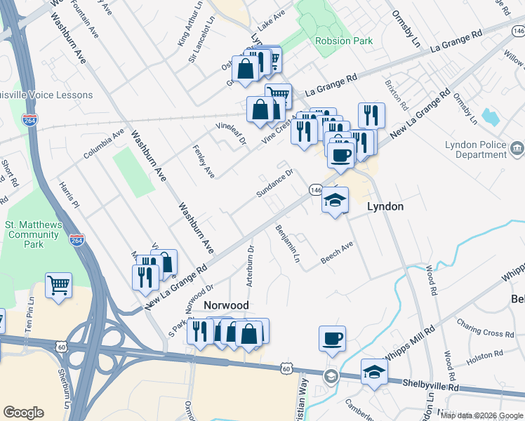 map of restaurants, bars, coffee shops, grocery stores, and more near 7803 New Lagrange Road in Louisville