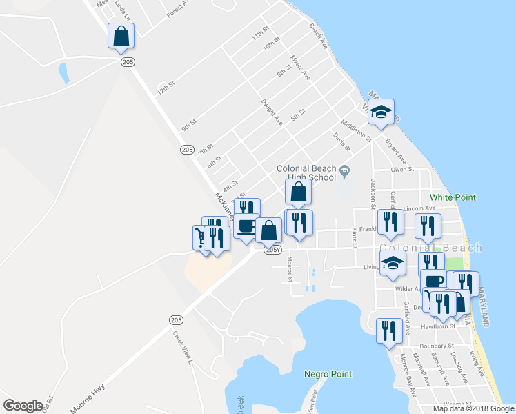 map of restaurants, bars, coffee shops, grocery stores, and more near 316 2nd Street in Colonial Beach