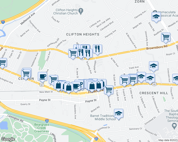 map of restaurants, bars, coffee shops, grocery stores, and more near 158 North Ewing Avenue in Louisville