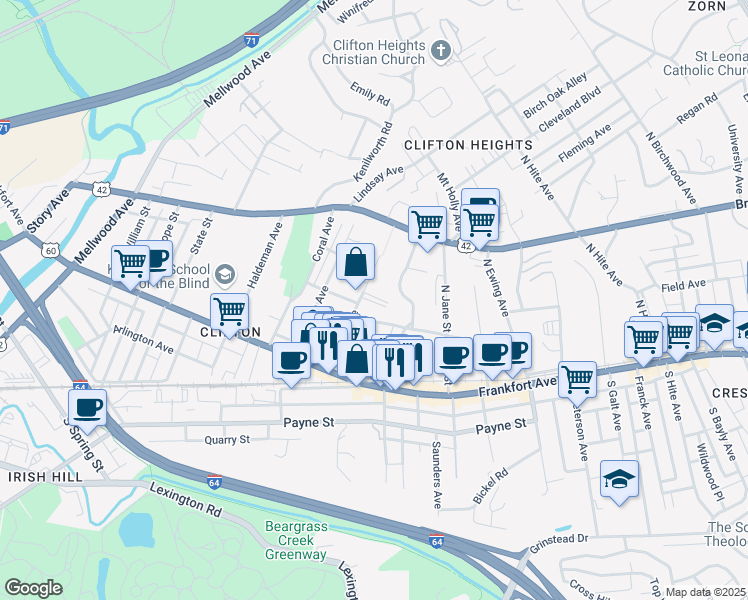 map of restaurants, bars, coffee shops, grocery stores, and more near 2122 Vernon Court in Louisville
