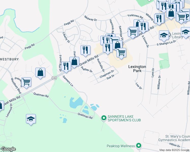 map of restaurants, bars, coffee shops, grocery stores, and more near 21480 Prather Drive in Lexington Park