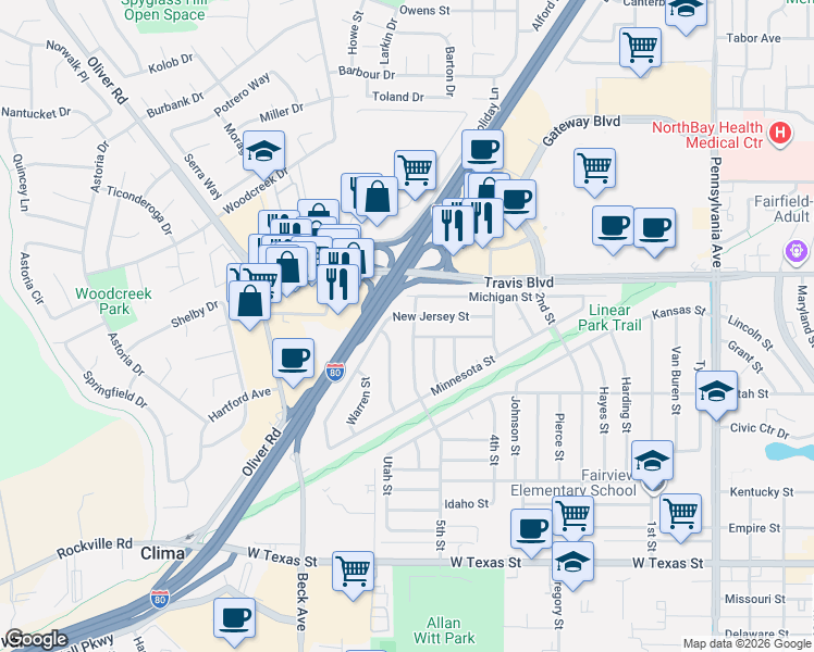 map of restaurants, bars, coffee shops, grocery stores, and more near 1112 Roosevelt Street in Fairfield
