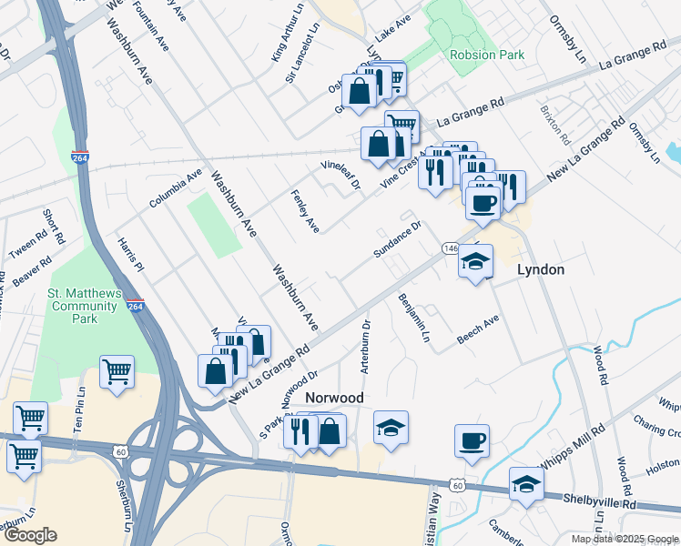 map of restaurants, bars, coffee shops, grocery stores, and more near 2 Sundance Drive in Lyndon