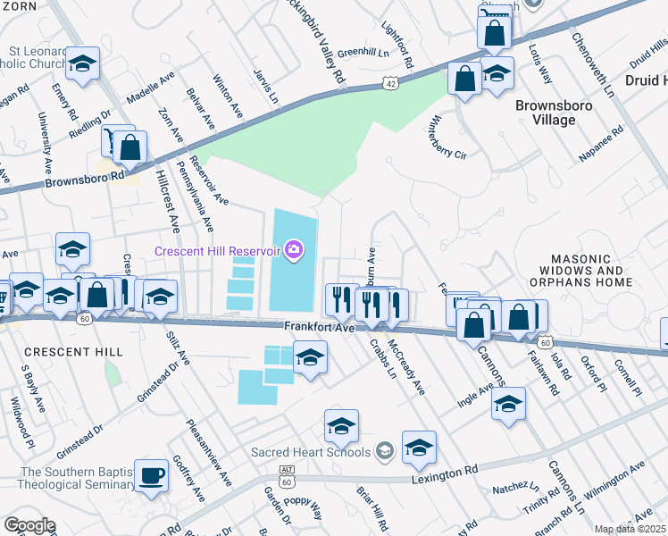 map of restaurants, bars, coffee shops, grocery stores, and more near 130 Claremont Avenue in Louisville