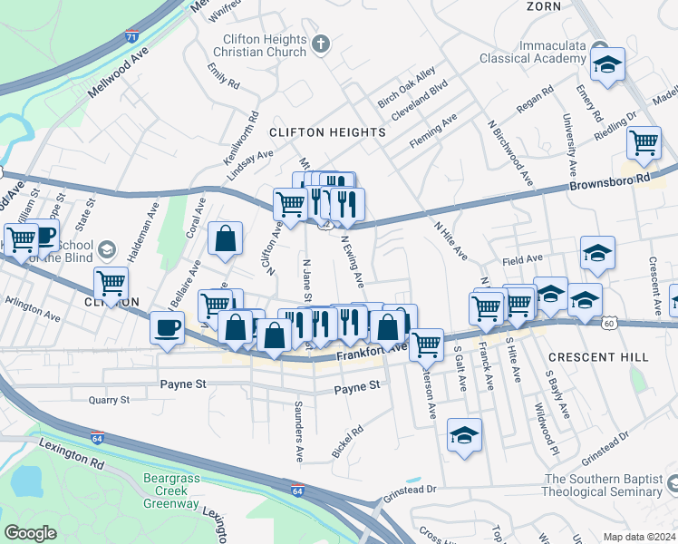 map of restaurants, bars, coffee shops, grocery stores, and more near 144 North Keats Avenue in Louisville