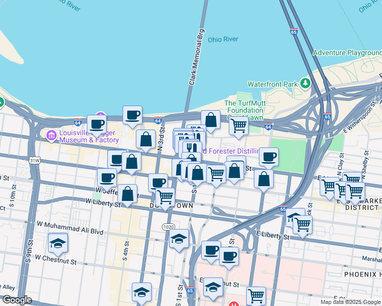 map of restaurants, bars, coffee shops, grocery stores, and more near in Louisville