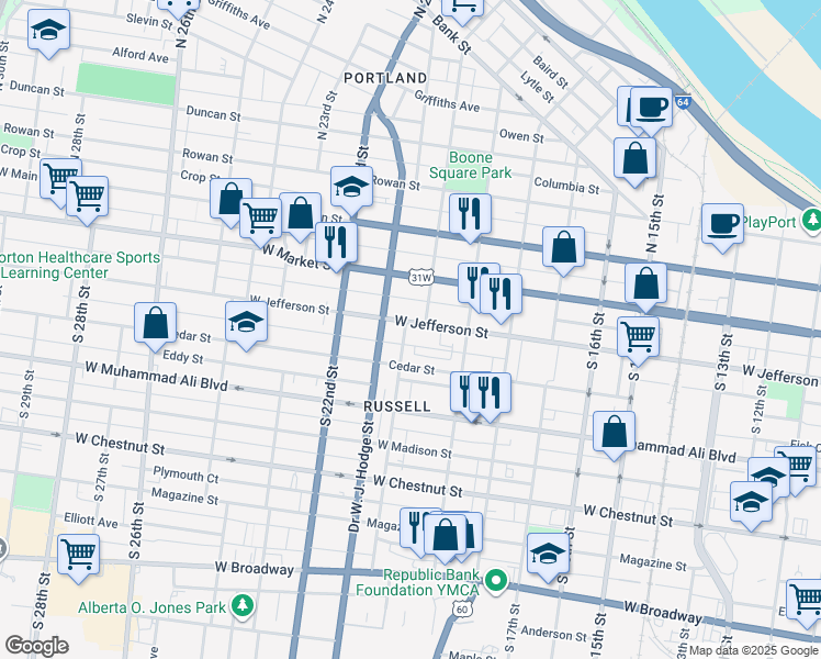 map of restaurants, bars, coffee shops, grocery stores, and more near 1918 Green Alley in Louisville