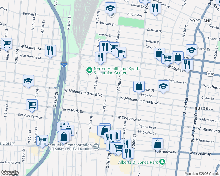 map of restaurants, bars, coffee shops, grocery stores, and more near 2831 West Muhammad Ali Boulevard in Louisville