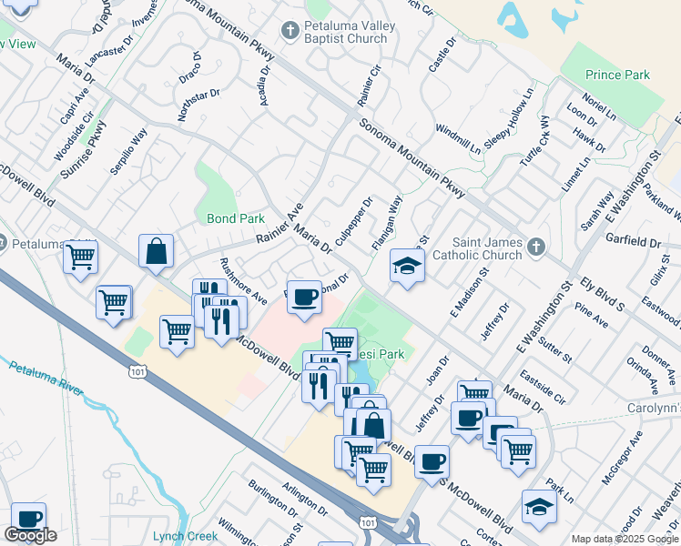 map of restaurants, bars, coffee shops, grocery stores, and more near 244 Park Place Drive in Petaluma
