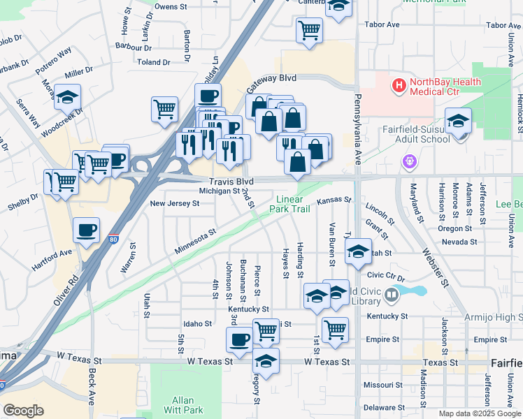map of restaurants, bars, coffee shops, grocery stores, and more near 1443 Minnesota Street in Fairfield