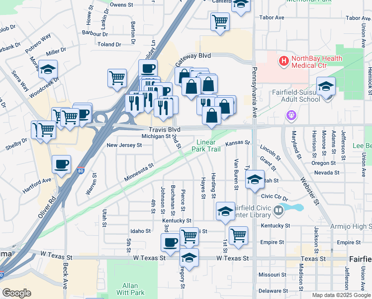 map of restaurants, bars, coffee shops, grocery stores, and more near 1443 Minnesota Street in Fairfield