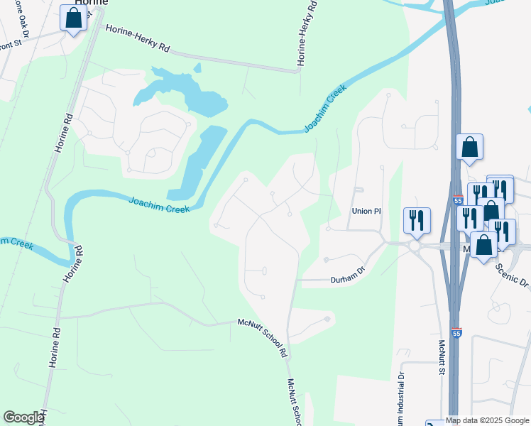 map of restaurants, bars, coffee shops, grocery stores, and more near 2203 Providence Park Lane in Herculaneum