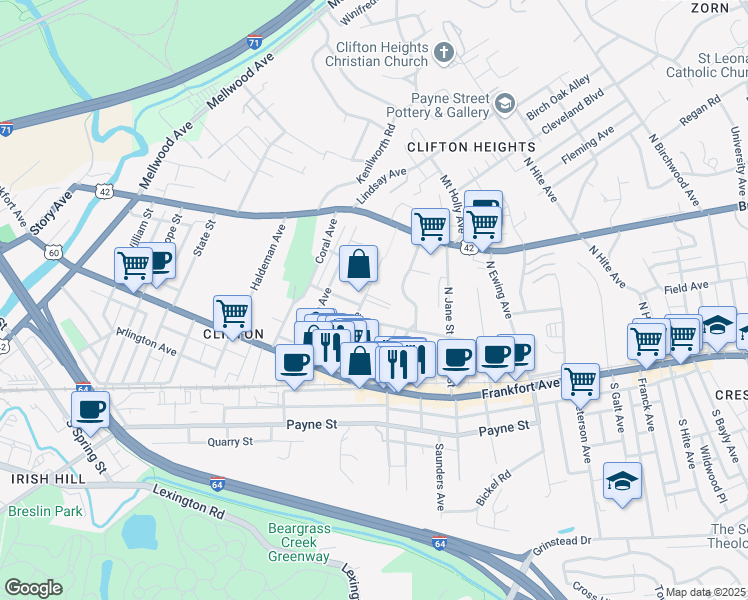 map of restaurants, bars, coffee shops, grocery stores, and more near 2114 Vernon Court in Louisville