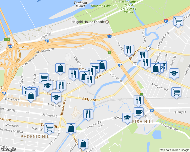 map of restaurants, bars, coffee shops, grocery stores, and more near 1321 Story Ave in Louisville