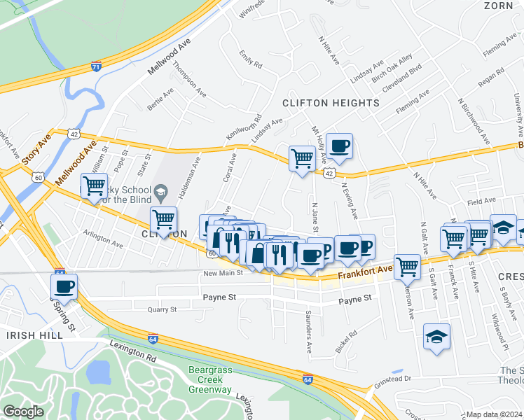 map of restaurants, bars, coffee shops, grocery stores, and more near 2112 Vernon Court in Louisville