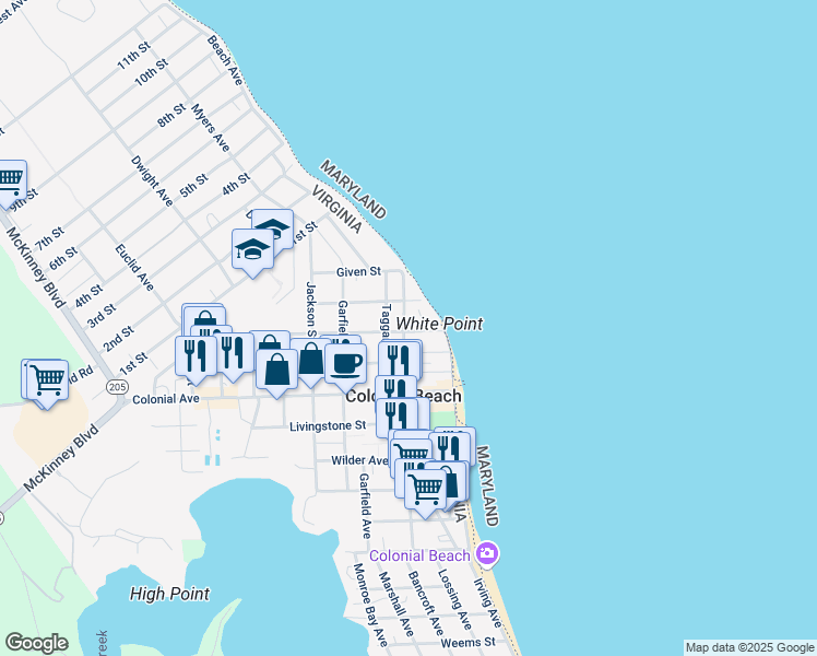 map of restaurants, bars, coffee shops, grocery stores, and more near 715 Washington Avenue in Colonial Beach