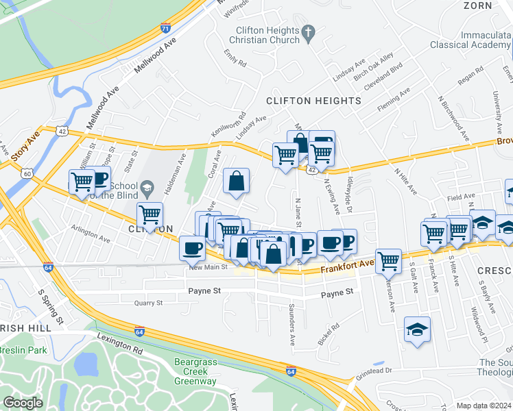 map of restaurants, bars, coffee shops, grocery stores, and more near 2139 Vernon Court in Louisville