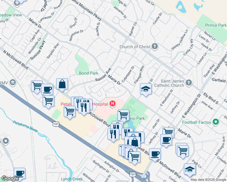 map of restaurants, bars, coffee shops, grocery stores, and more near 224 Park Place Drive in Petaluma