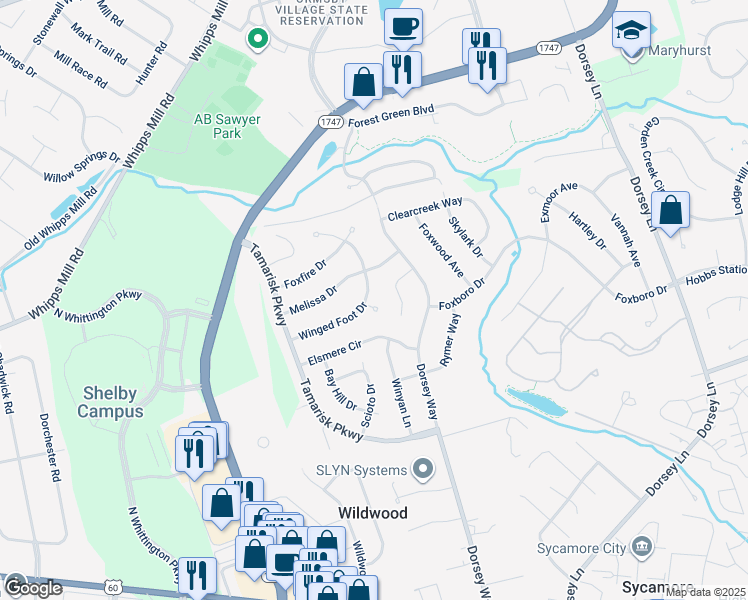 map of restaurants, bars, coffee shops, grocery stores, and more near 9820 Winged Foot Drive in Louisville