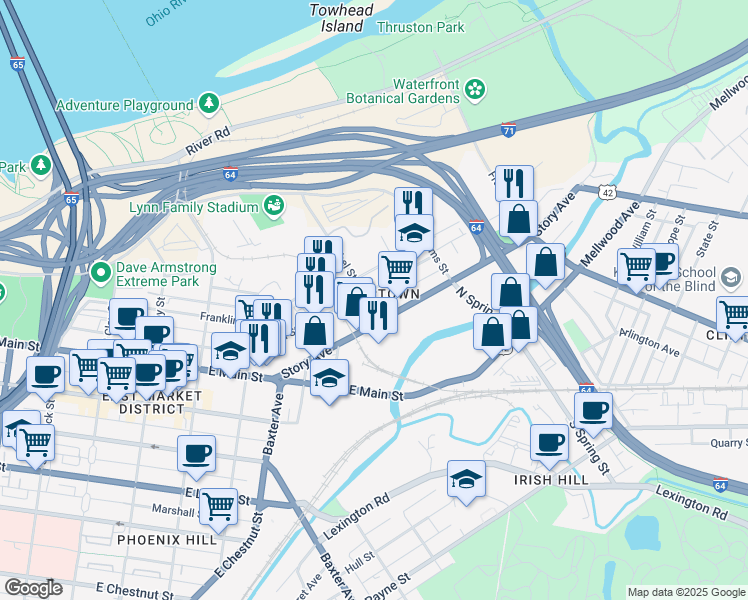map of restaurants, bars, coffee shops, grocery stores, and more near 1308 Story Avenue in Louisville