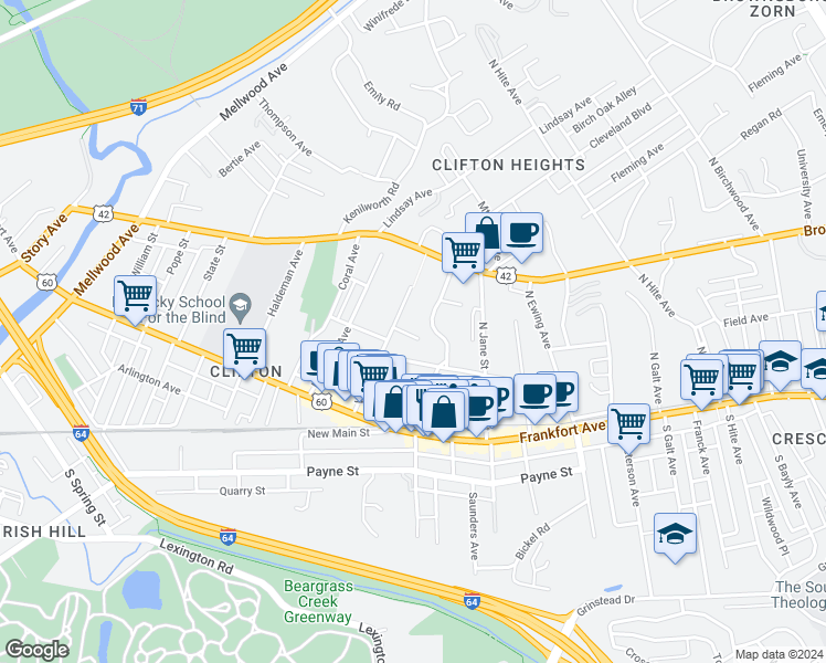 map of restaurants, bars, coffee shops, grocery stores, and more near 2129 Vernon Court in Louisville
