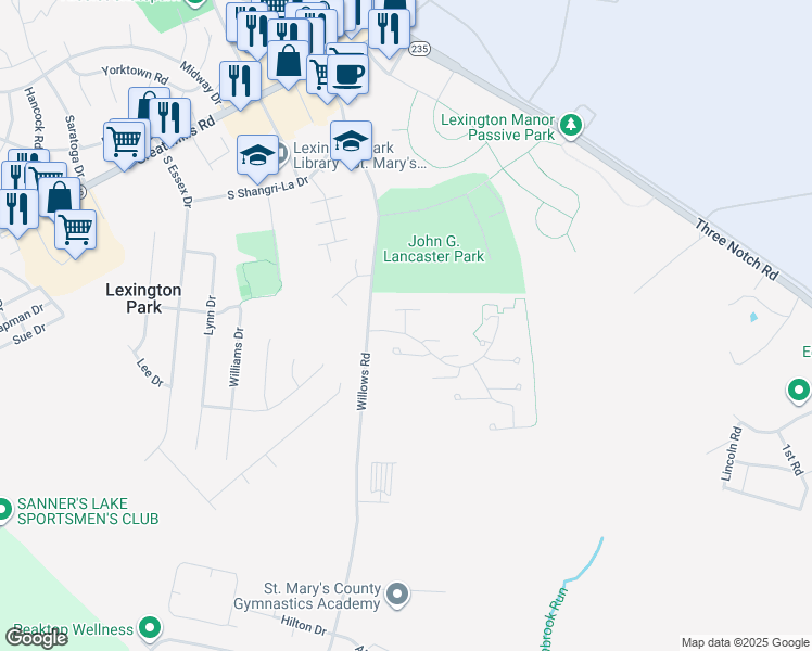 map of restaurants, bars, coffee shops, grocery stores, and more near Aspen Way in Lexington Park