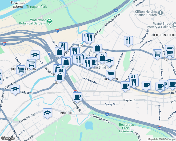 map of restaurants, bars, coffee shops, grocery stores, and more near 1762 Frankfort Avenue in Louisville