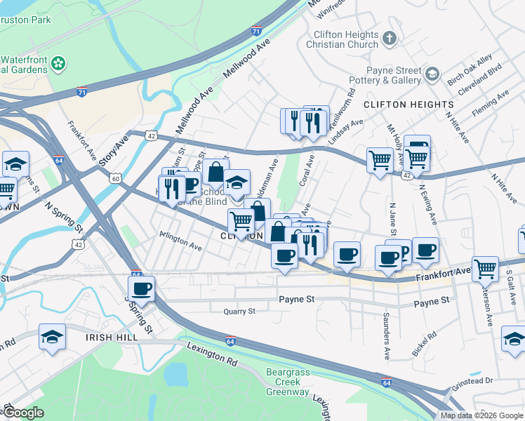 map of restaurants, bars, coffee shops, grocery stores, and more near 118 Coral Avenue in Louisville