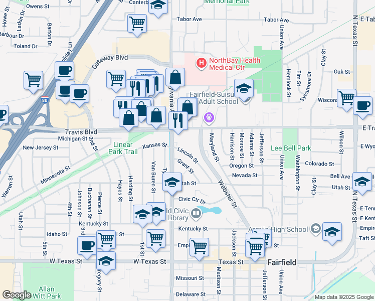 map of restaurants, bars, coffee shops, grocery stores, and more near 1316 Lincoln Street in Fairfield