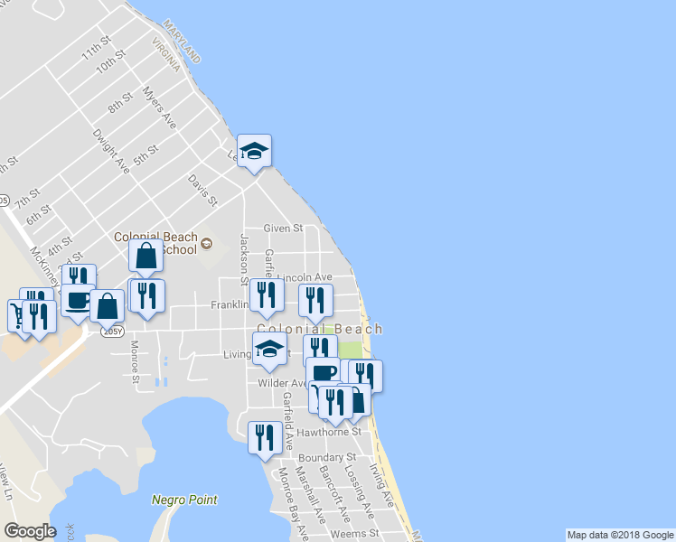 map of restaurants, bars, coffee shops, grocery stores, and more near 17 Lincoln Avenue in Colonial Beach