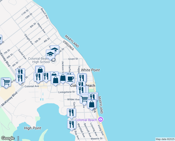 map of restaurants, bars, coffee shops, grocery stores, and more near 17 Lincoln Avenue in Colonial Beach
